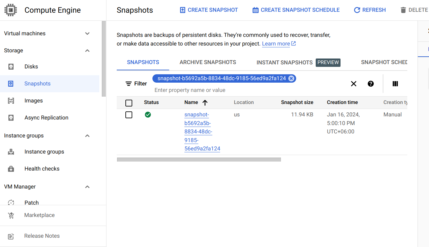 Snapshots in GCP console