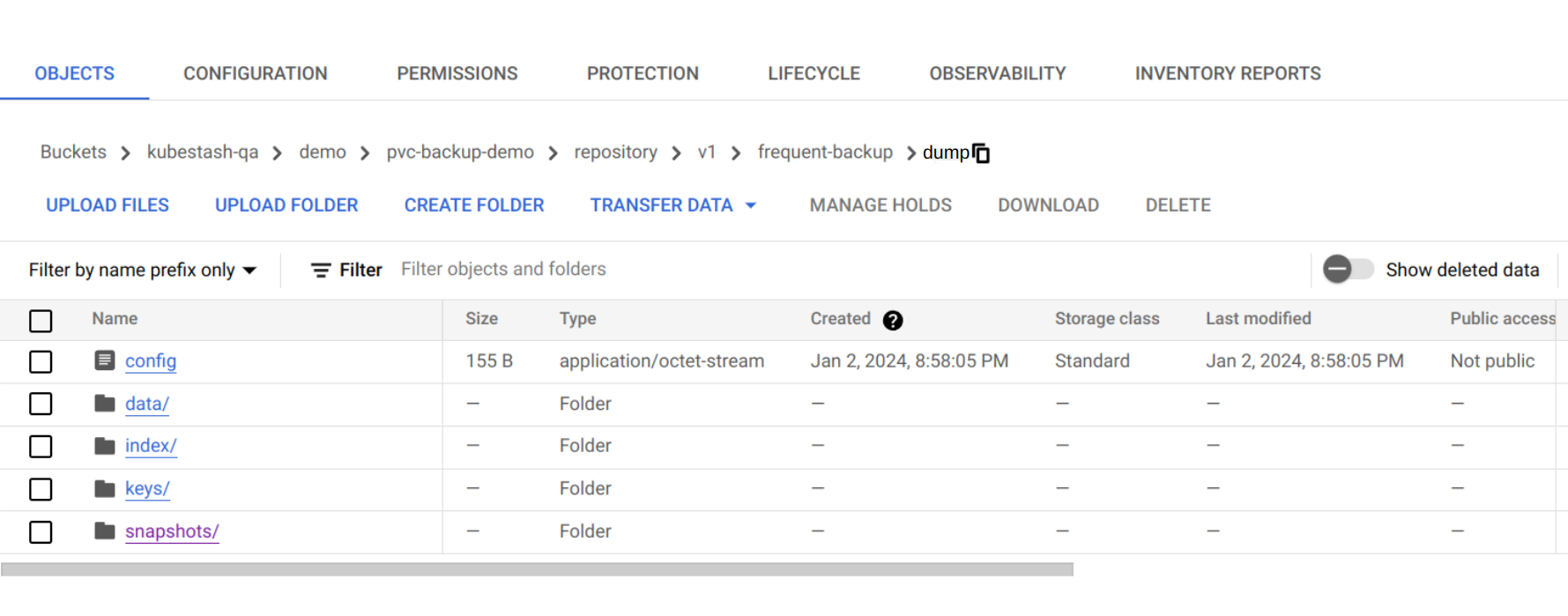 Backed up data of a stand-alone PVC in GCS backend